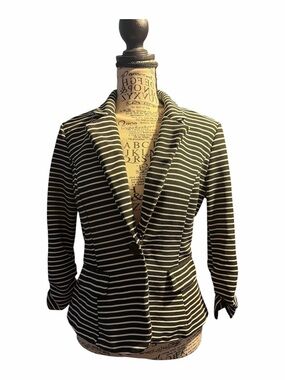 Striped Black and White Knit Blazer with Notch Lapel